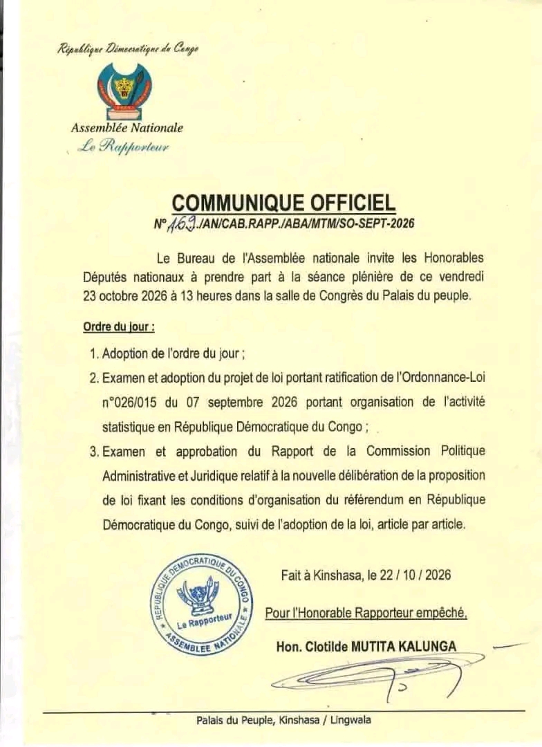 RDC : l'Assemblée nationale examine ce vendredi une proposition de loi fixant les conditions d'organisation du référendum